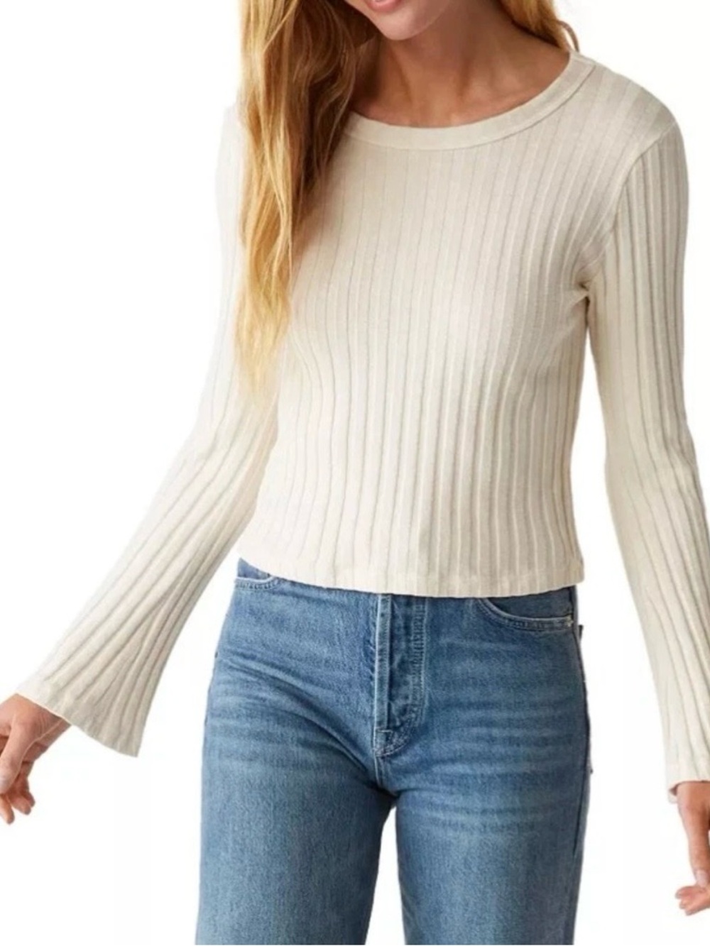 Michael Stars Women's Medium Chalk Valerie Bell Sleeves Ribbed Knit Top C5-7